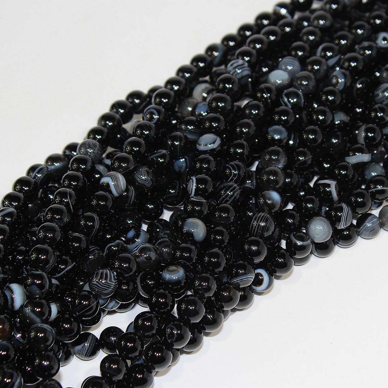 Black Agate, White Banded Beads - 8mm