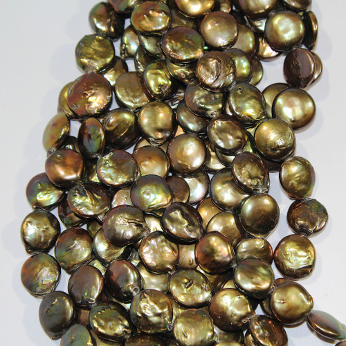 Bronzed Green Coin Pearls 14-15mm