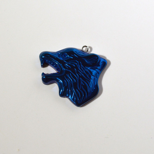 Metallic Blue Hematite Wolf Head Pendant 30x35mm 
