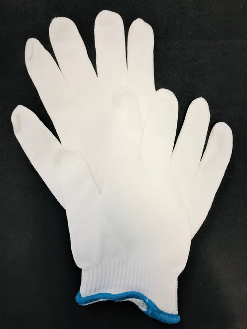 a pair of white, nylon gloves