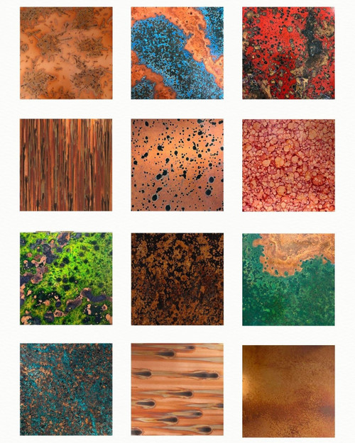 assorted copper sheets to represent the colorful patina options available