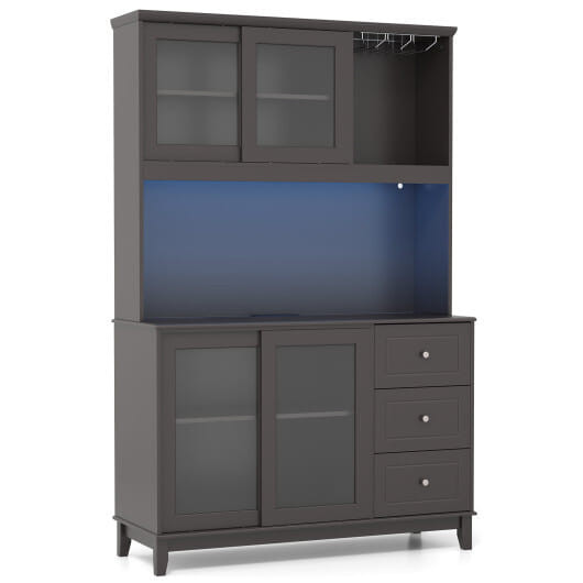 Kitchen Pantry Storage Cabinet Kitchen Hutch with LED lights and Power Outlet-Dark Brown - Color: D D681-JV11630US-CF+