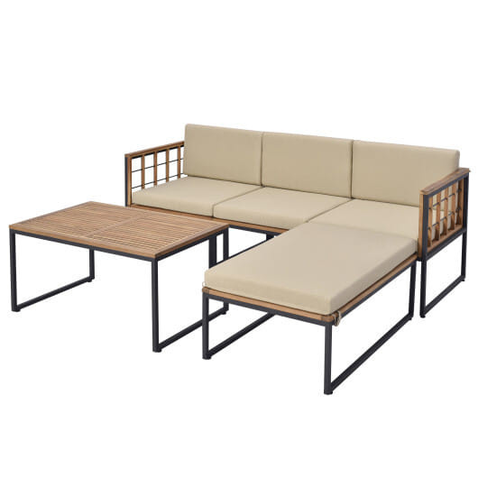 5 Pieces Patio Furniture Set Acacia Wood Sectional Set with Heavy-Duty Metal Frame-Beige B593-HW71665+