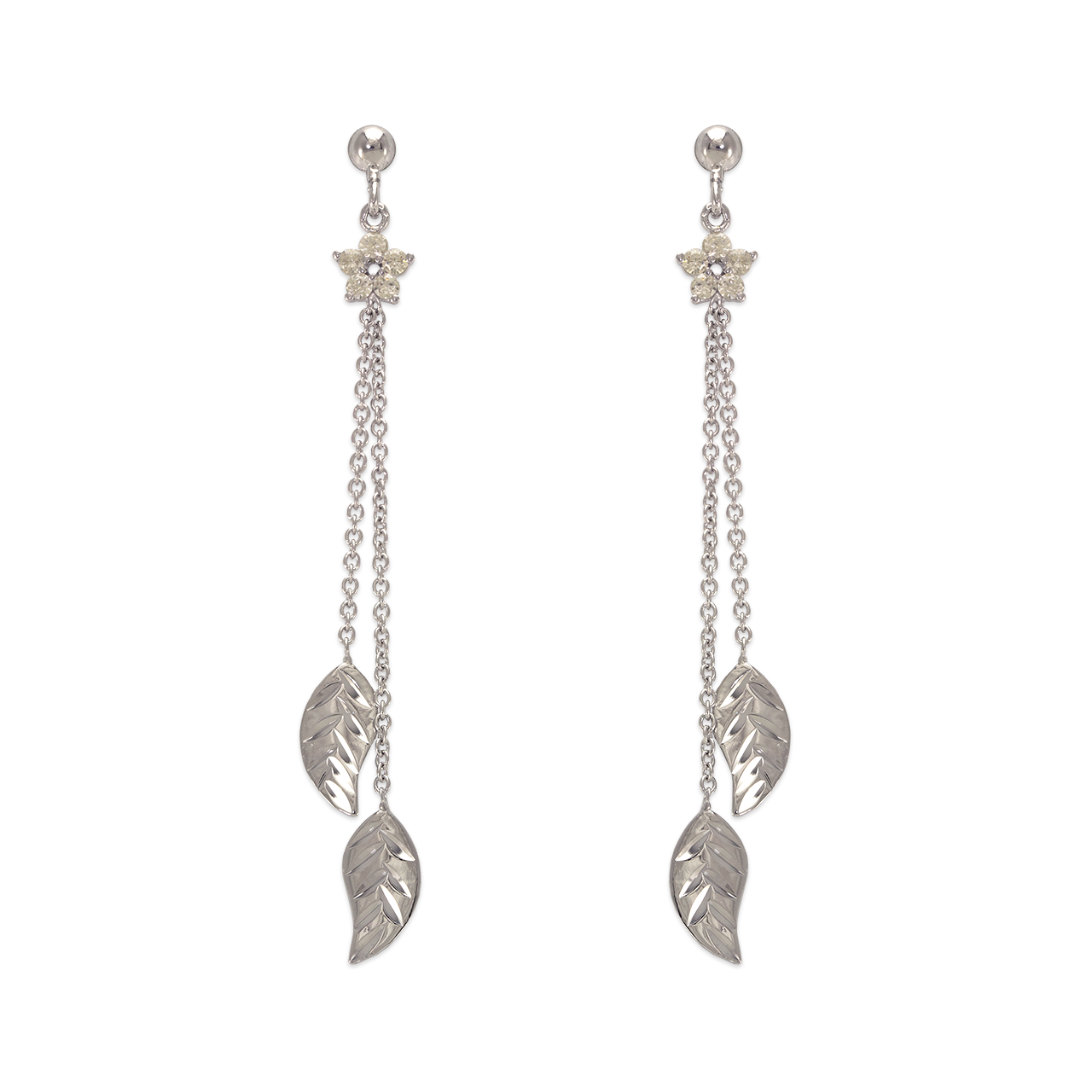 443-708W Fancy Double Leaf Dangling CZ Earrings