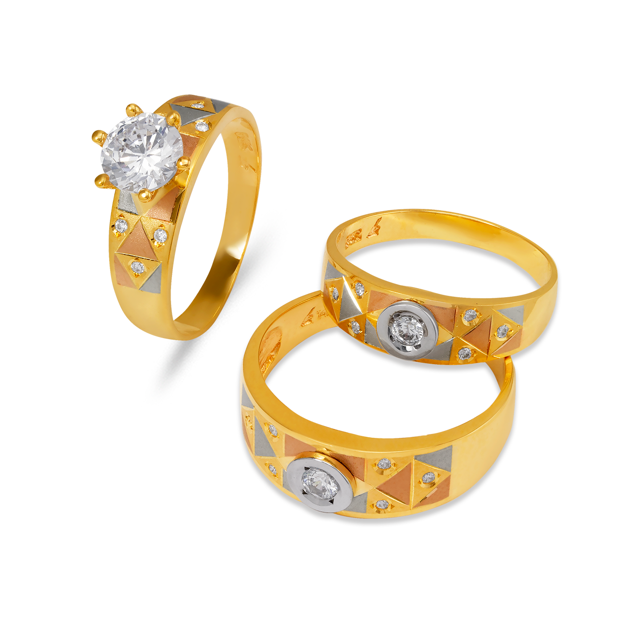 Multi-Shape Blue Turquoise and Golden Trio Ring Set
