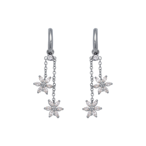 443-124W Fancy Double Flower Dangling CZ Earrings