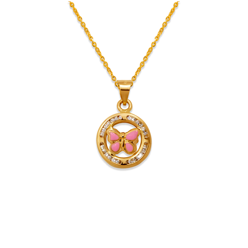 367-044PK Pink Mini Round Enamel Butterfly CZ Pendant