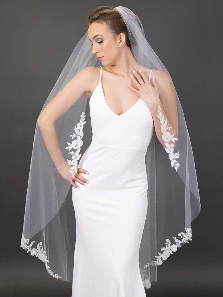 Waltz Length Ivory Wedding Veil with Beaded Lace Appliques