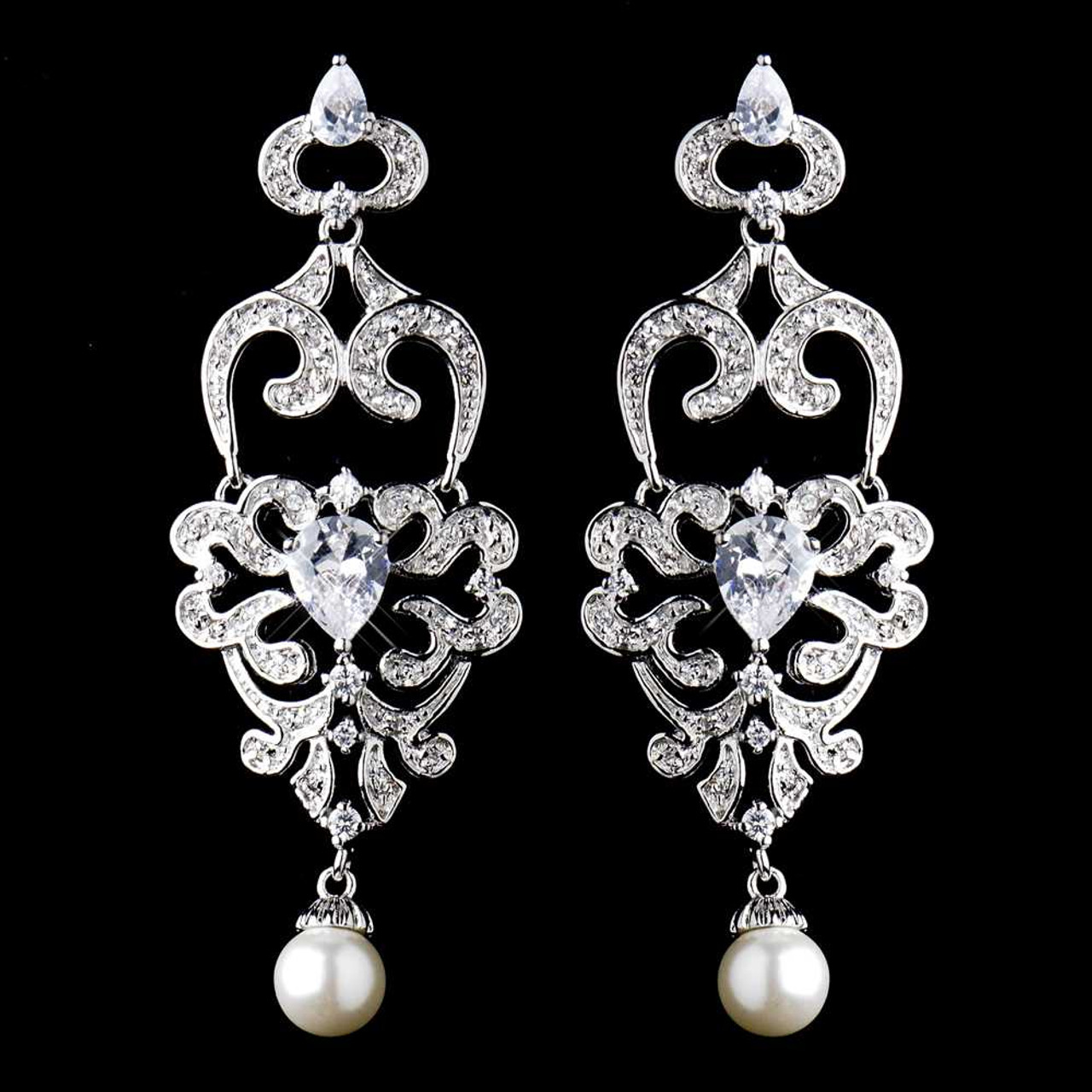 Diamond White Pearl and CZ Wedding Chandelier Earrings