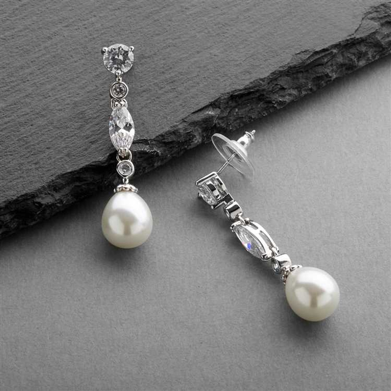 CZ and Ivory Pearl Wedding Drop Earrings 3035E