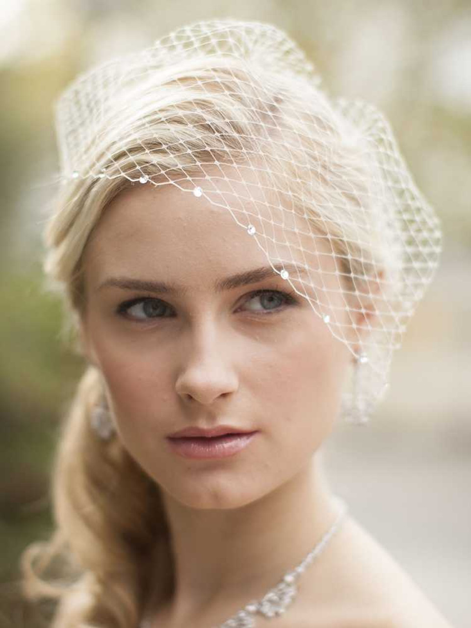 Birdcage veil with crystals on headband. French veil netting