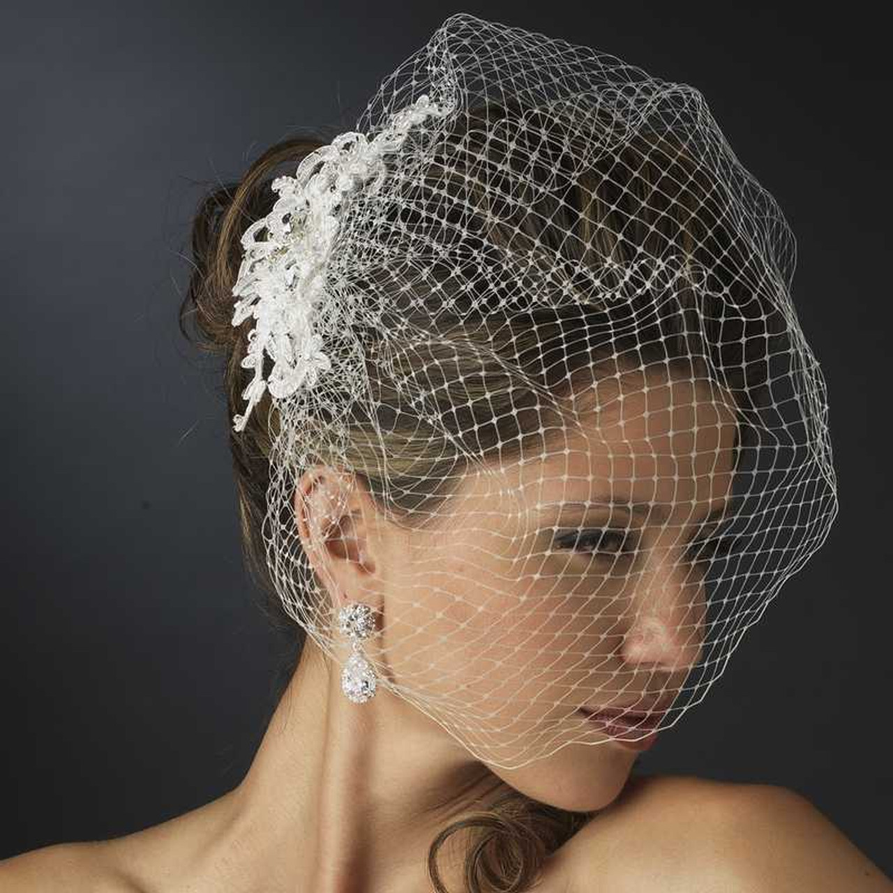 White Birdcage Bridal Veil with Lace and Rhinestone Clip