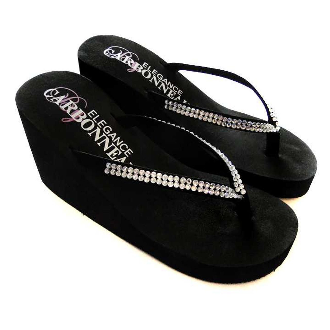 Black High Wedge Flip Flops with Crystal Straps