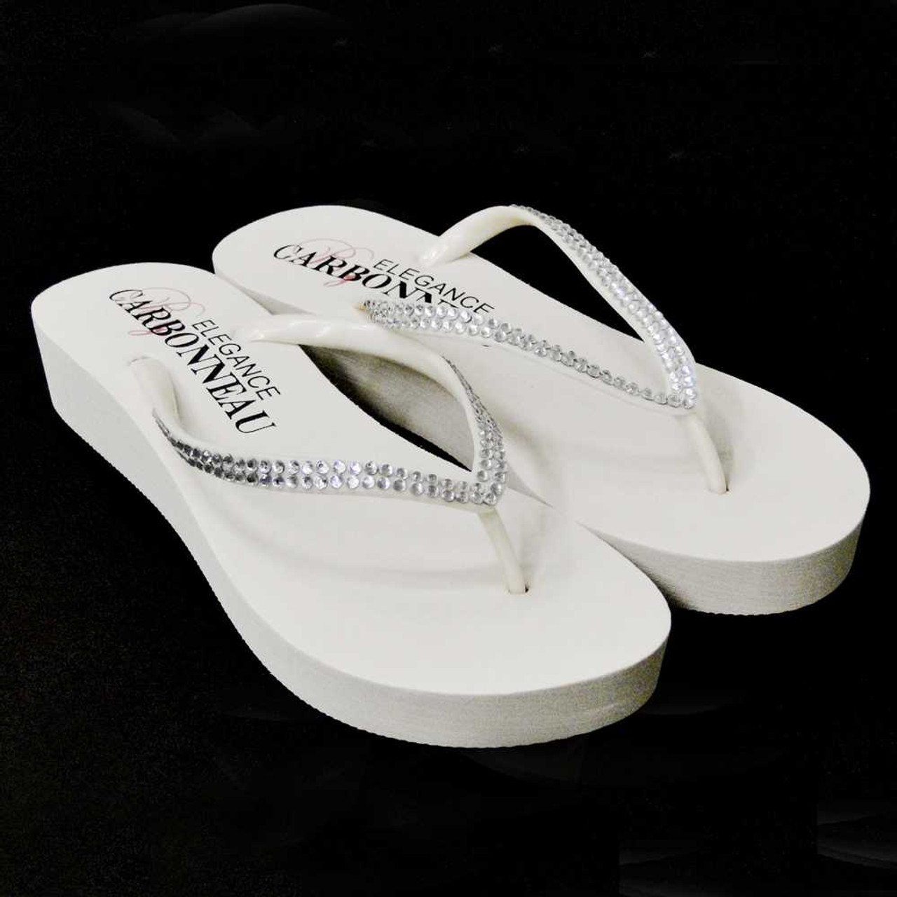 White Low Heel Wedge Bridal Flip Flops with Crystal Straps