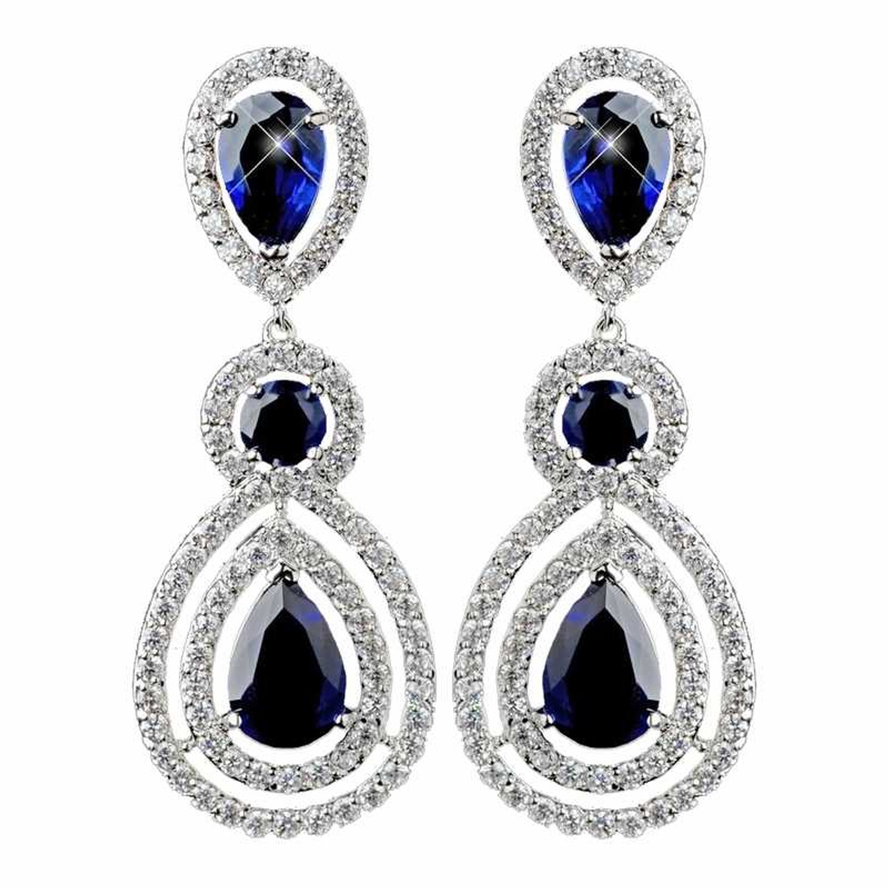 Sapphire Blue CZ Dangle Wedding Earrings