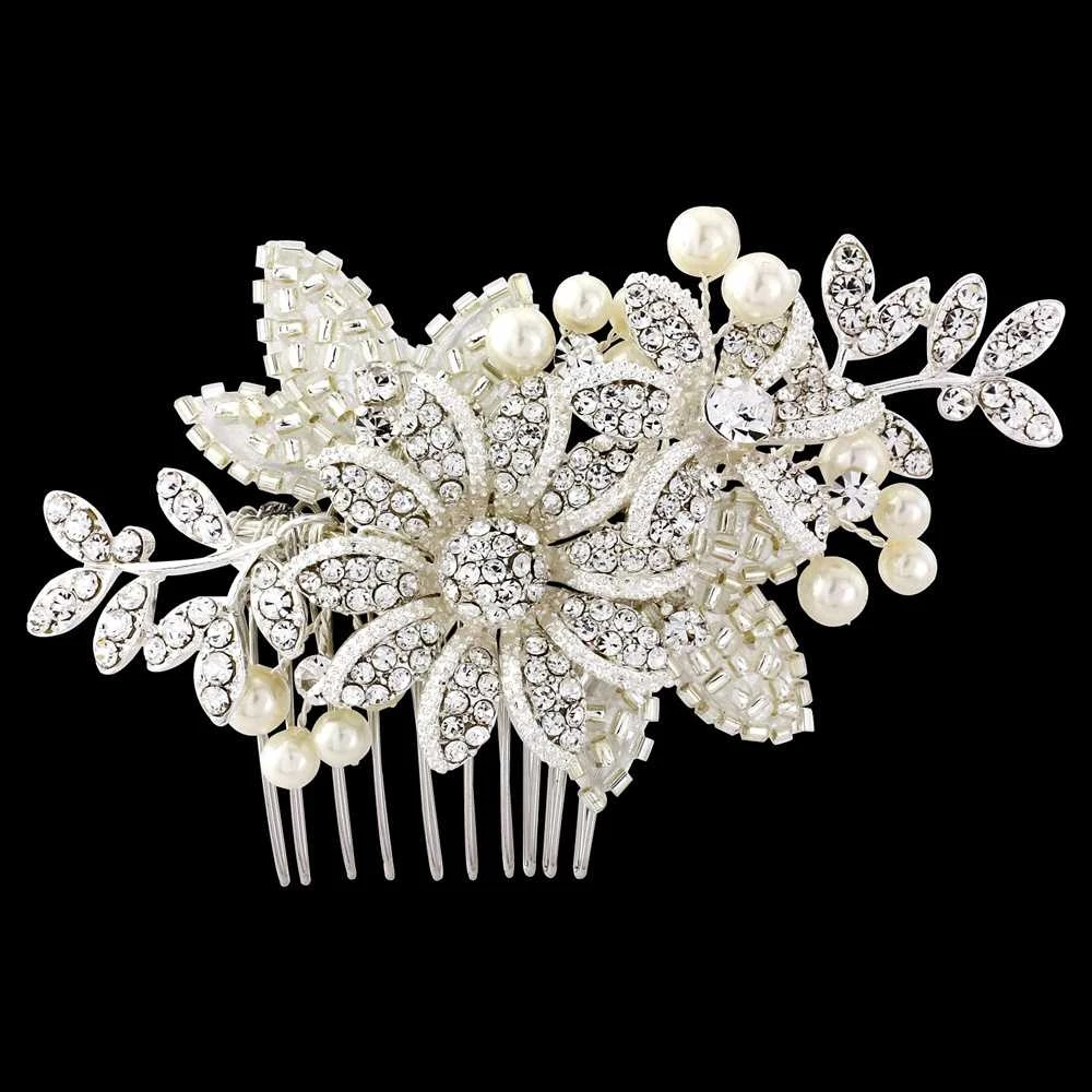 Ivory Pearl and Crystal Floral Wedding Hair Comb in Silver display picture 3