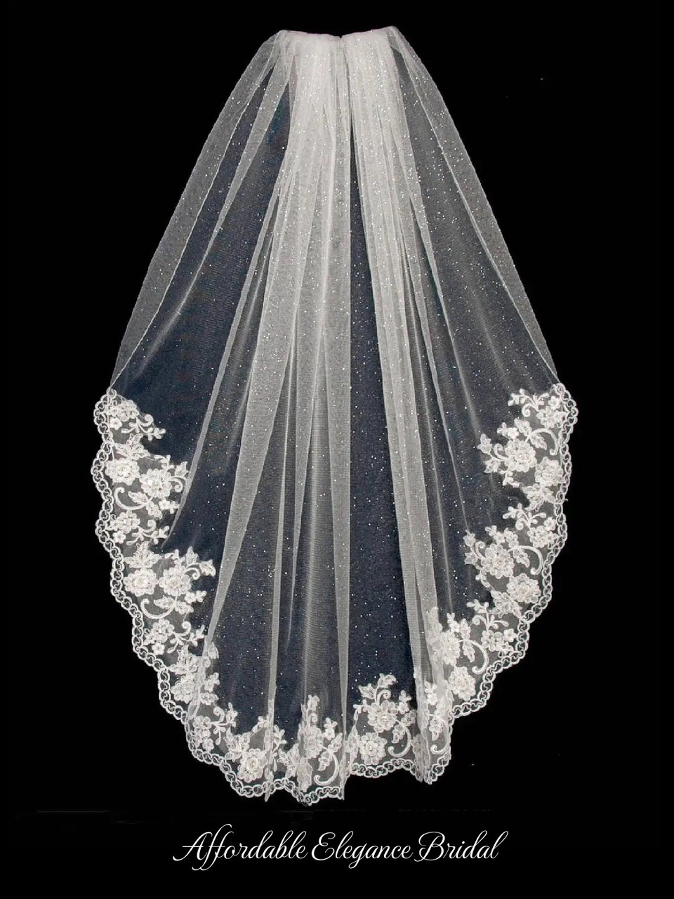 Angel Dust Fingertip Wedding Veil with Beaded Lace V6337