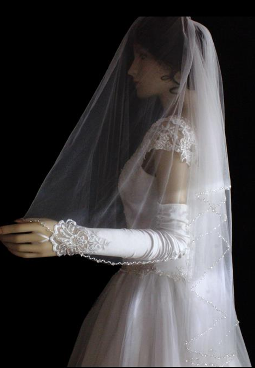 LC Brides Princess 2 Tier Sparkling Wedding Veil with Crystals - Fingertip Length