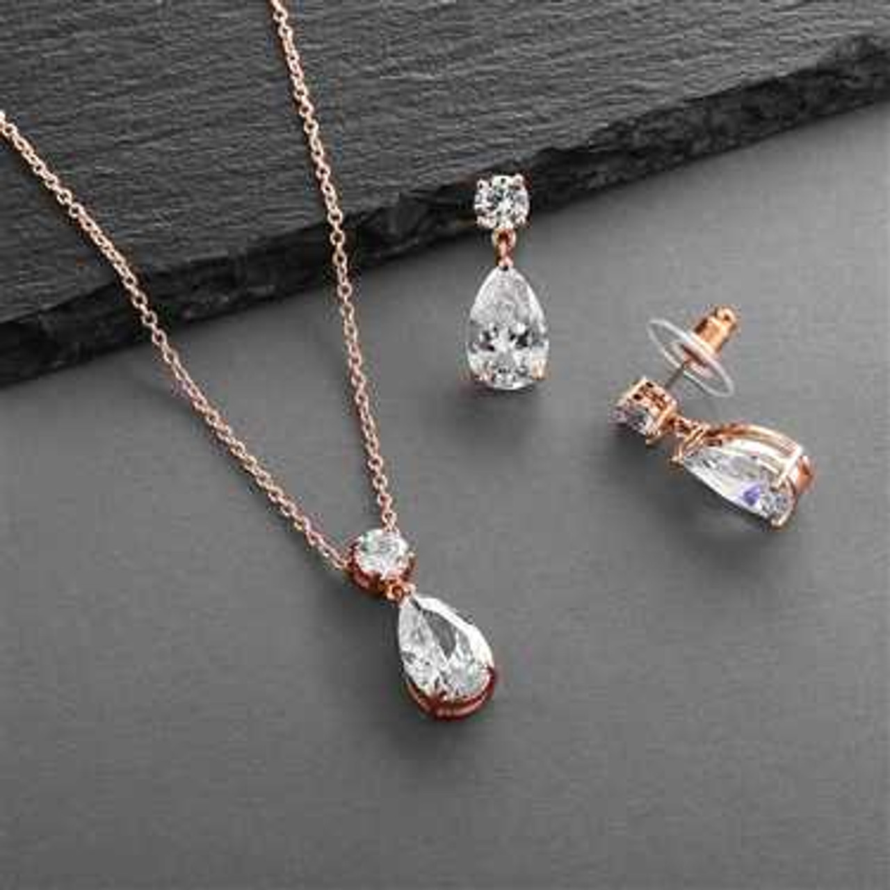 Rose Gold Necklace and Earring Set Bridal Jewelry Set CZ Backdrop Necklace  Bridal Drop Earrings Wedding Jewelry Accessories Dangle Earrings - Etsy