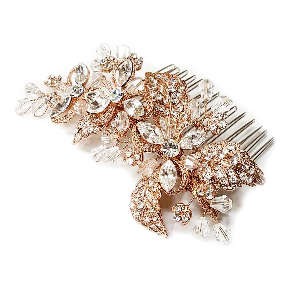 Couture Rose Gold Plated Floral Bridal Hair Comb display picture 2