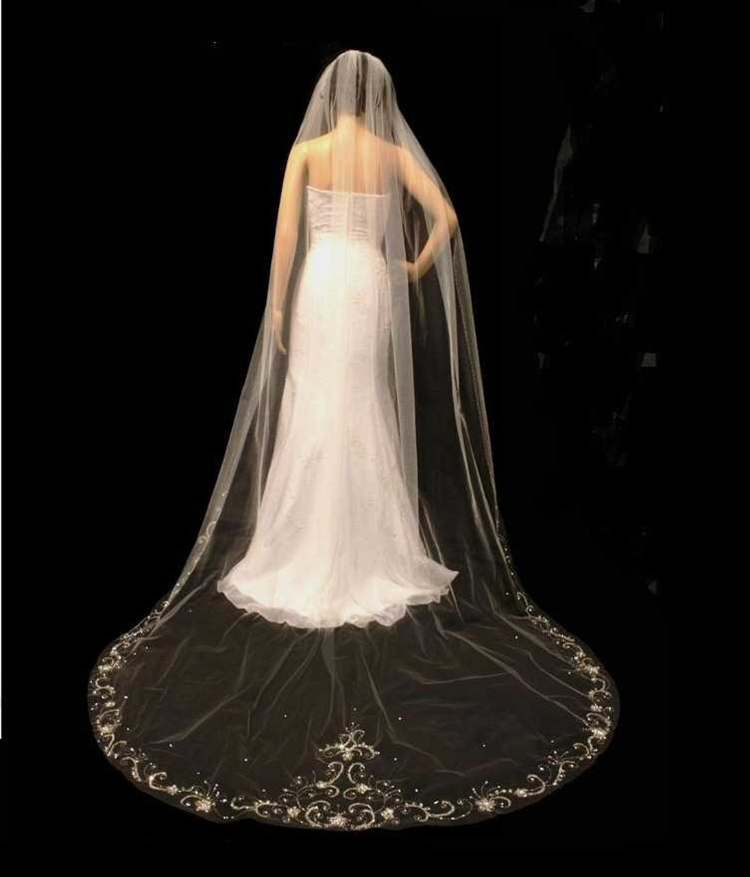 Silver Beaded Edge Cathedral Length Wedding Veil in Ivory