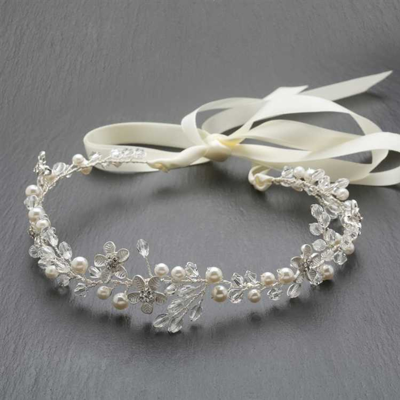 Crystal and Pearl Floral Vine Wedding Ribbon Headband