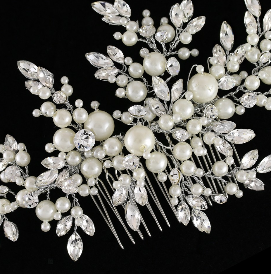 Large Silver Plated Ivory Pearl and Rhinestone Bridal Comb