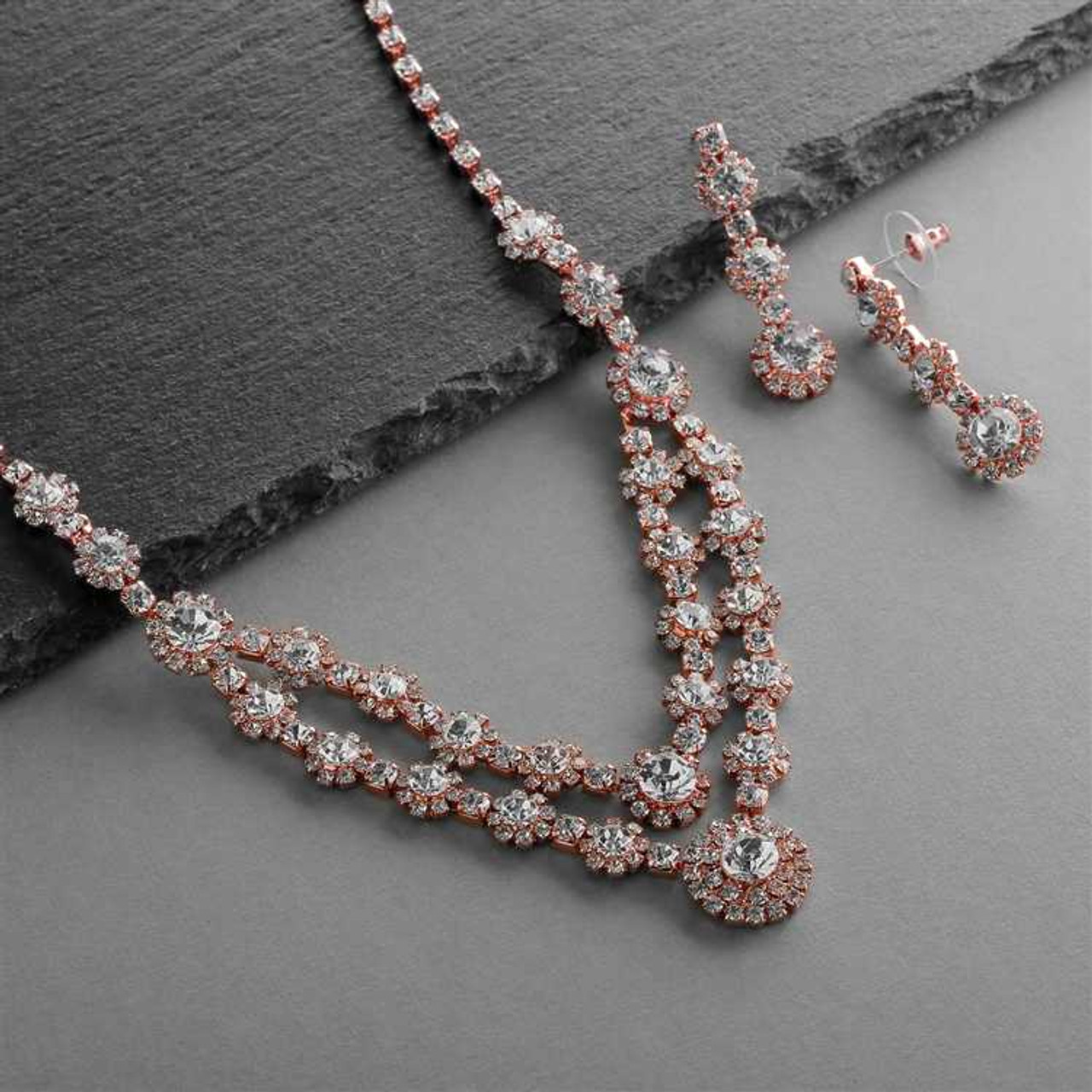 Rose Gold Two Row Rhinestone Necklace and Earring Jewelry