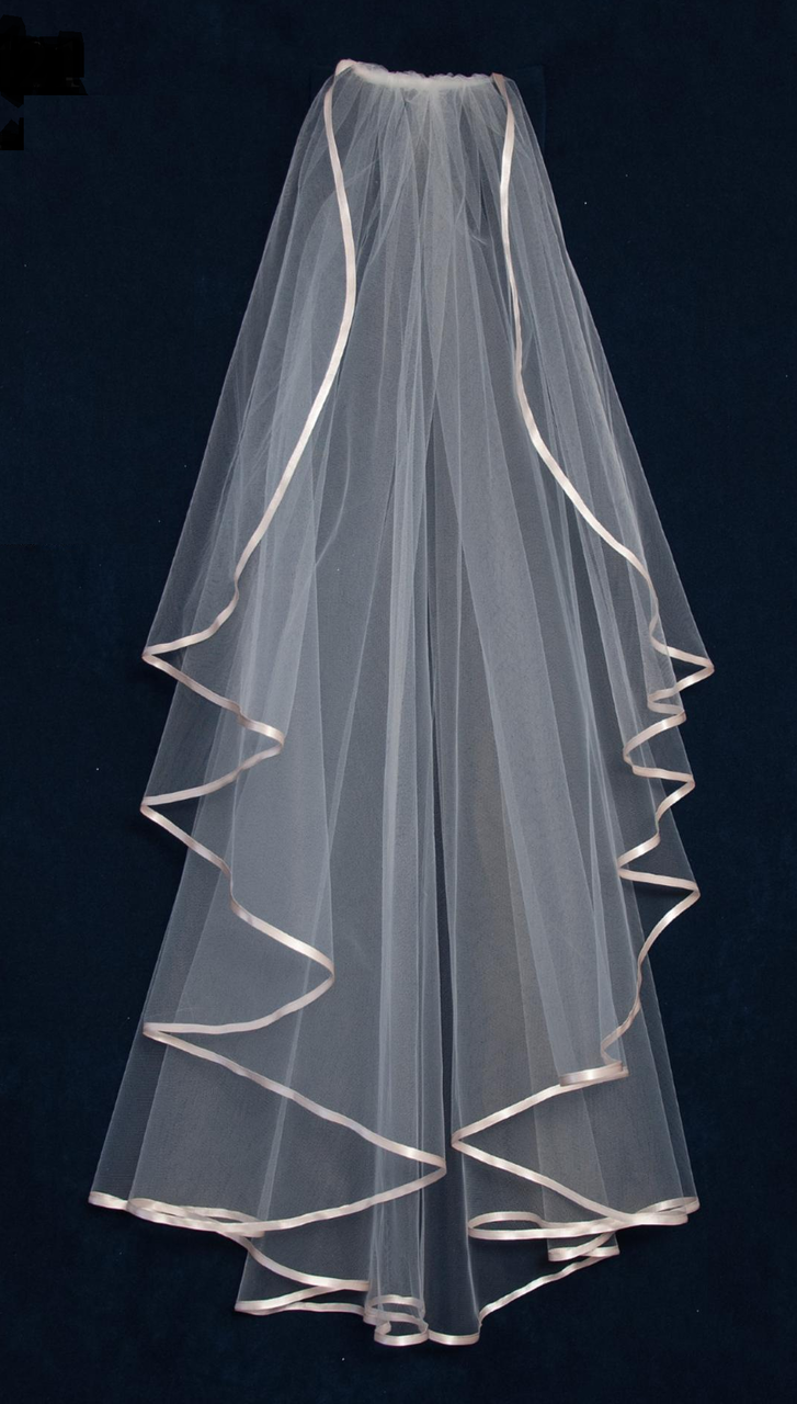 Narrow Ribbon Edge Illusion 2 Tier Waltz Knee Length Veil Satin Poly