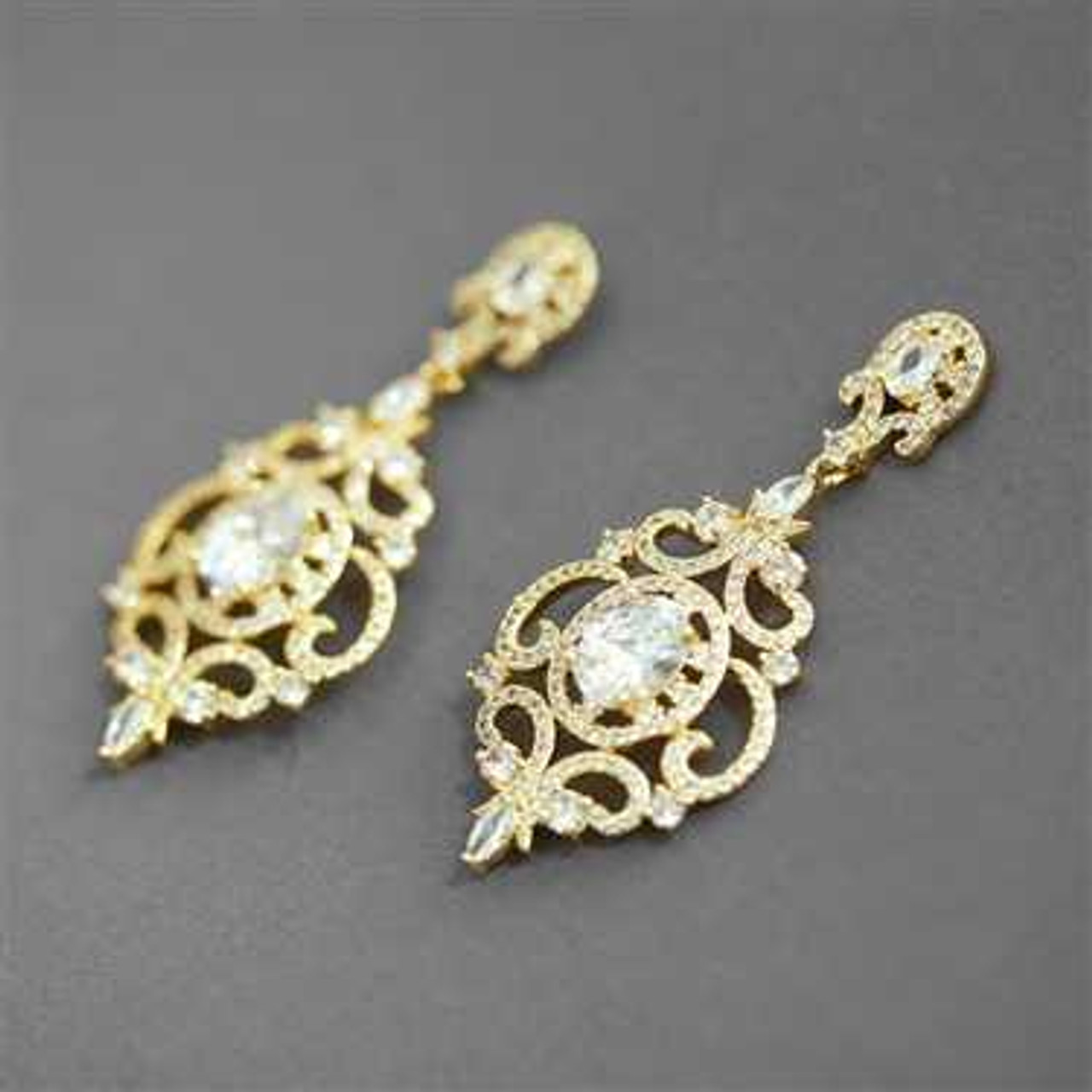 Gold Victorian Scrolls CZ Wedding Earrings Pierced or Clip