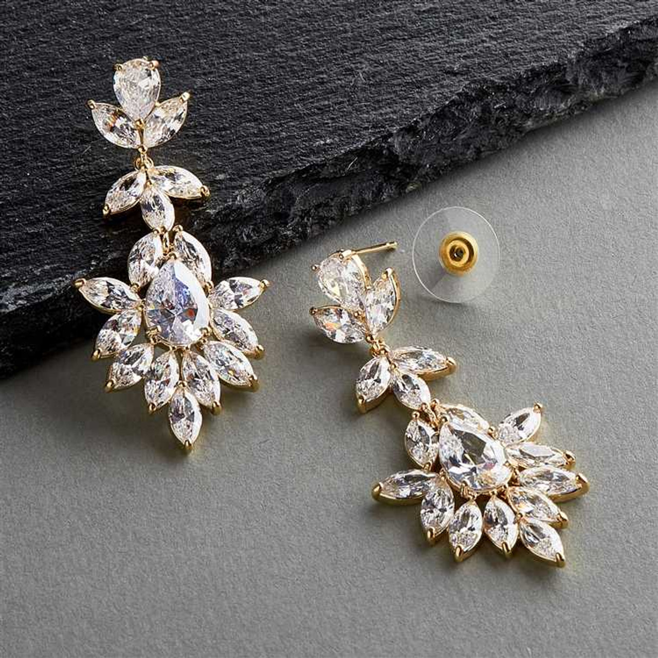 Slim & Leafy Marquise Crystal Earrings in 14K Gold for Brides – Poetry  Designs