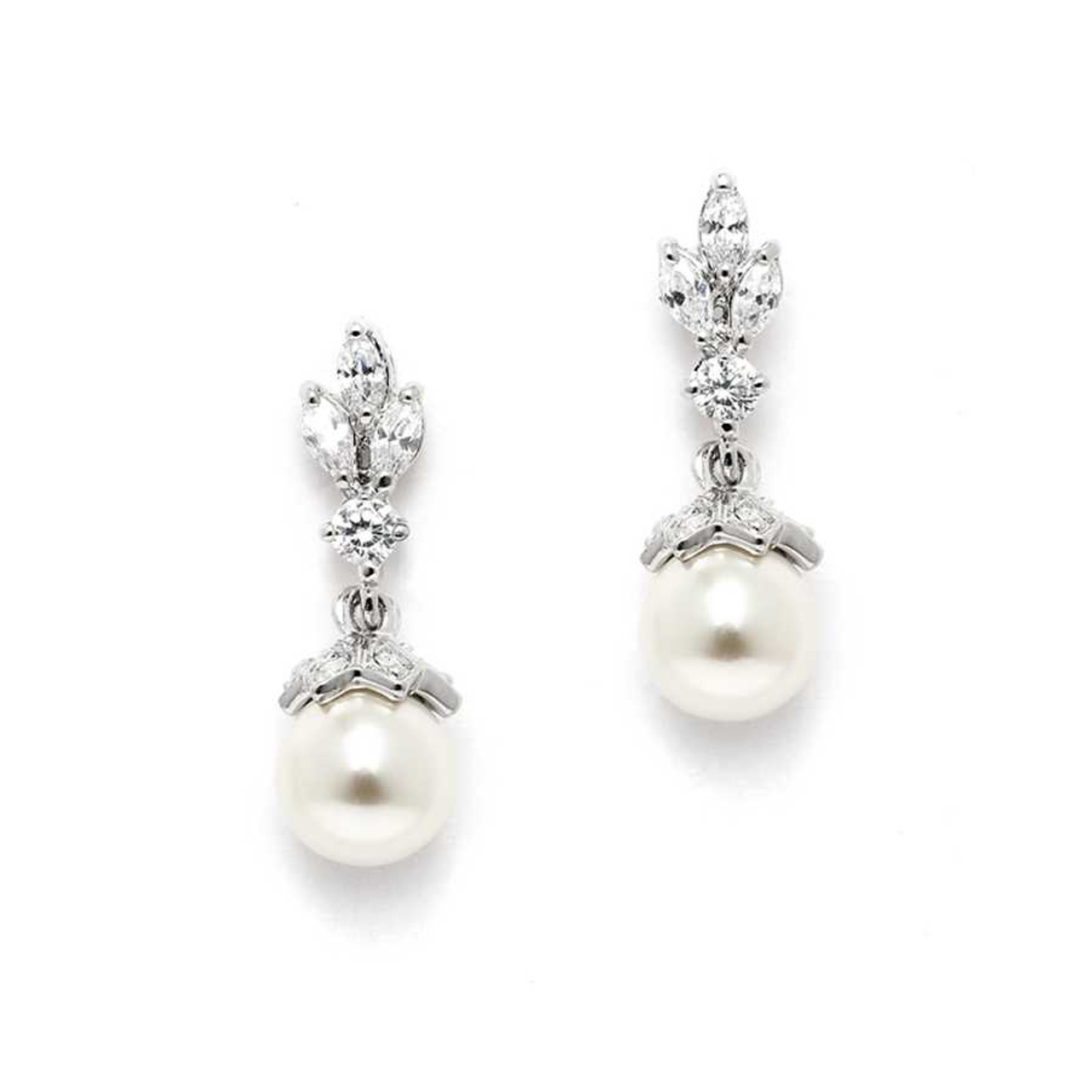 Silver Plated CZ Trio and Pearl Drop Wedding Earrings
