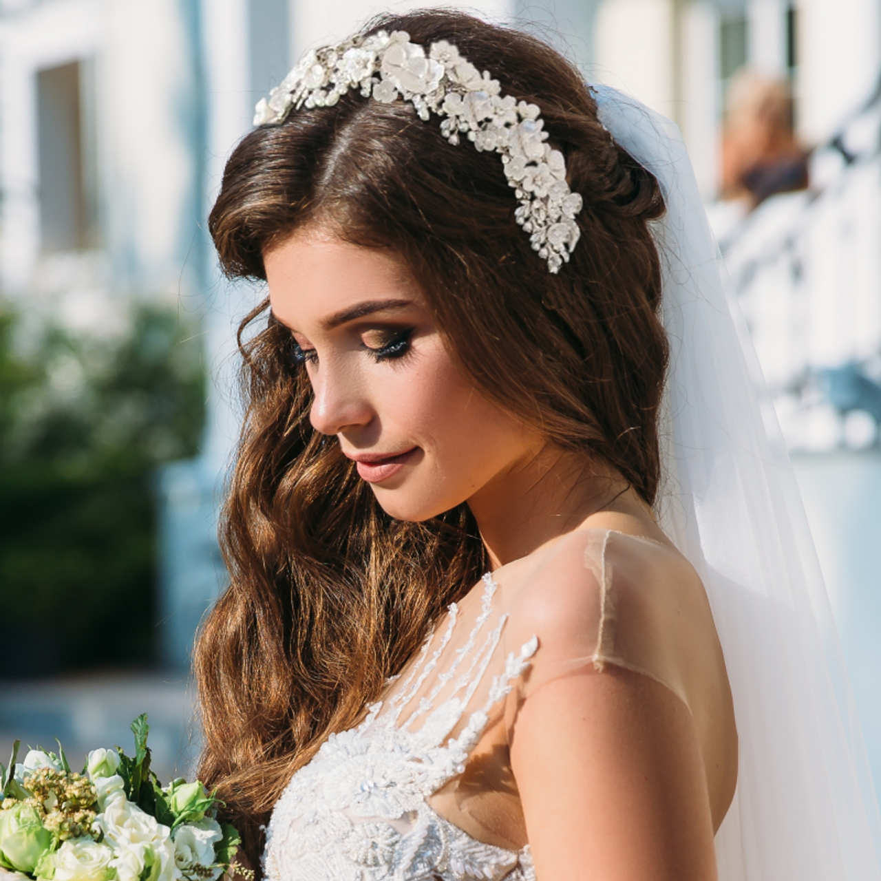 Wedding Headband with Hand Painted Porcelain Flowers