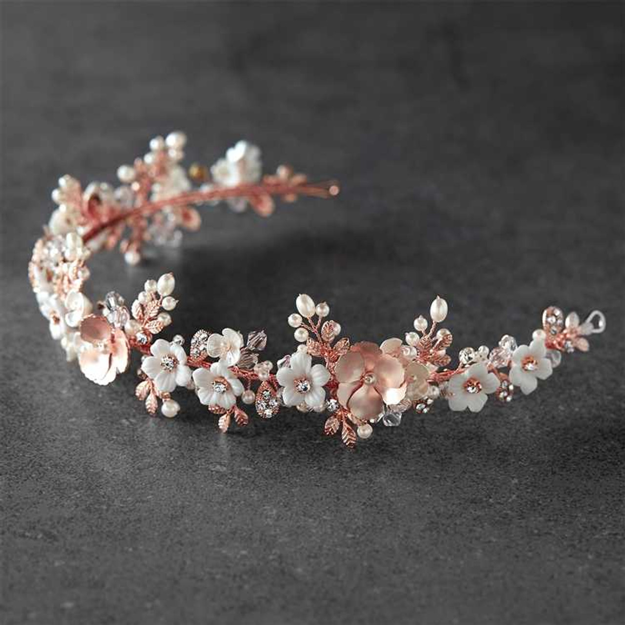 Rose Gold and Ivory Floral Headband Tiara with Pearls