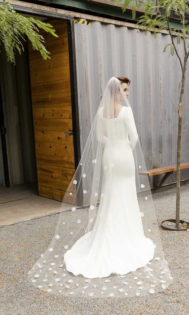 One Blushing Bride Pearl Cathedral Length Wedding Veil with Scattered Beading Off White/ Diamond / 2 Layer Veil