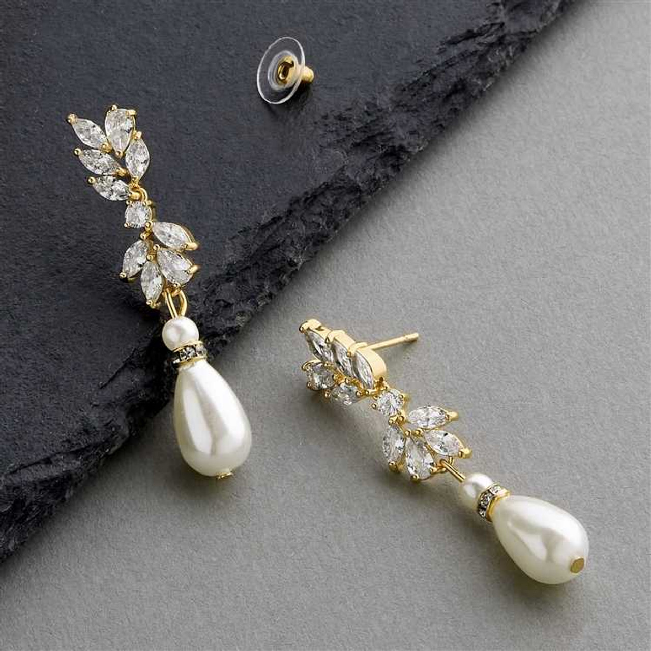 CZ and Teardrop Pearl Bridal Earrings in 14K Gold