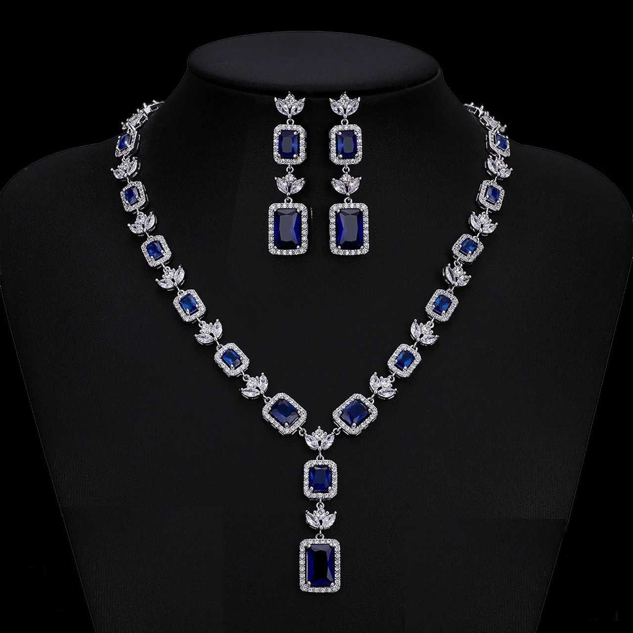 Oval Created Blue Sapphire & White Topaz Necklace & Stud Earrings Set in  Silver | eBay