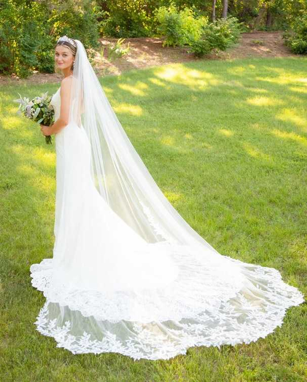 Ornate Lace Adorned Tulle Cathedral Length Single Tier Wedding Veil