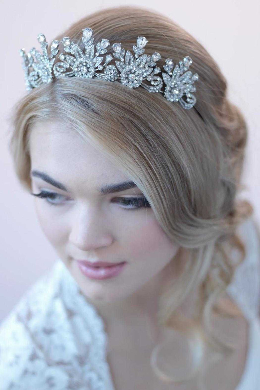 Vintage Look Antique Silver Floral Rhinestone Wedding Tiara