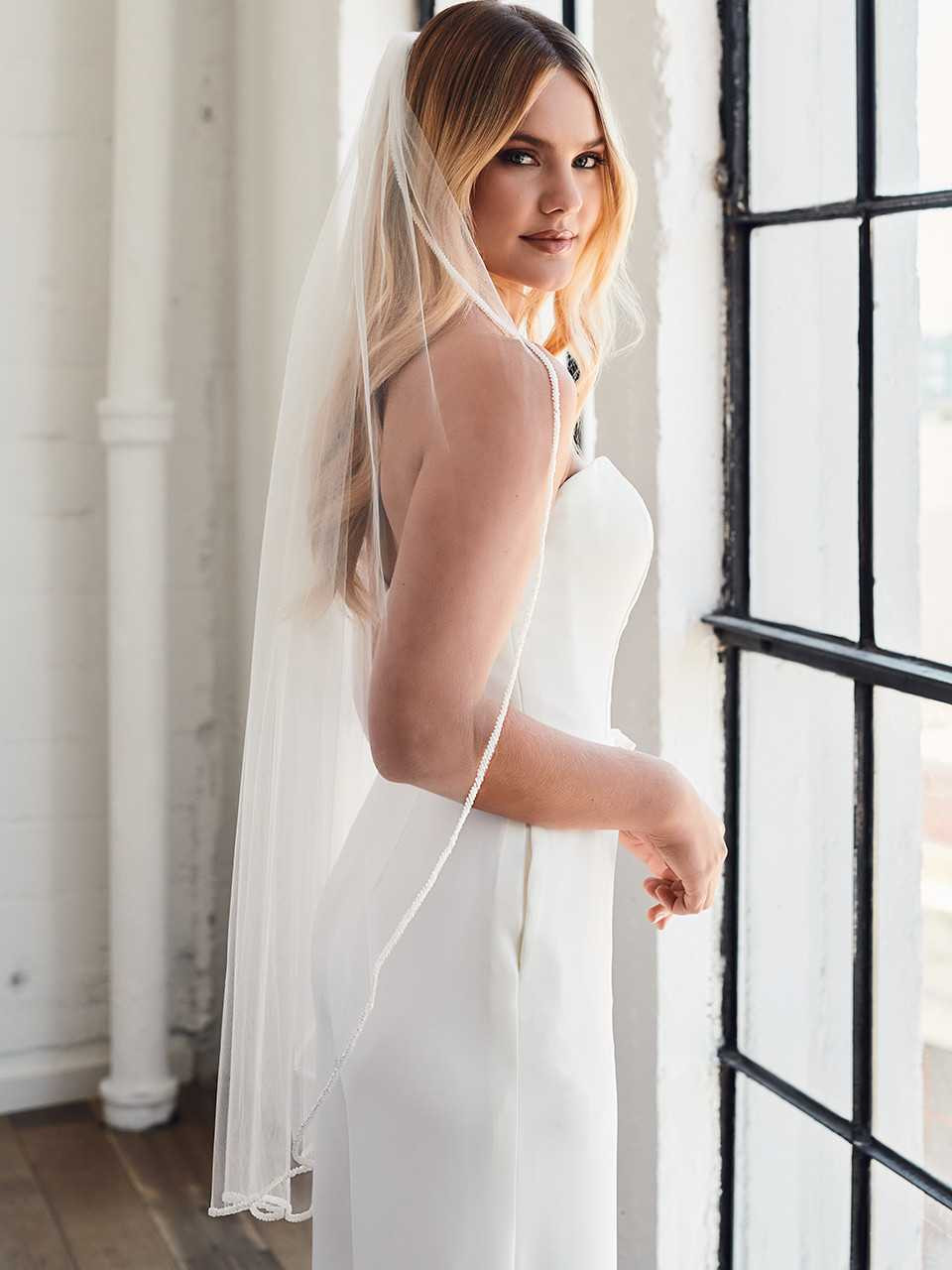 Frosted Bugle Bead Fingertip Wedding Veil Envogue V2399SF