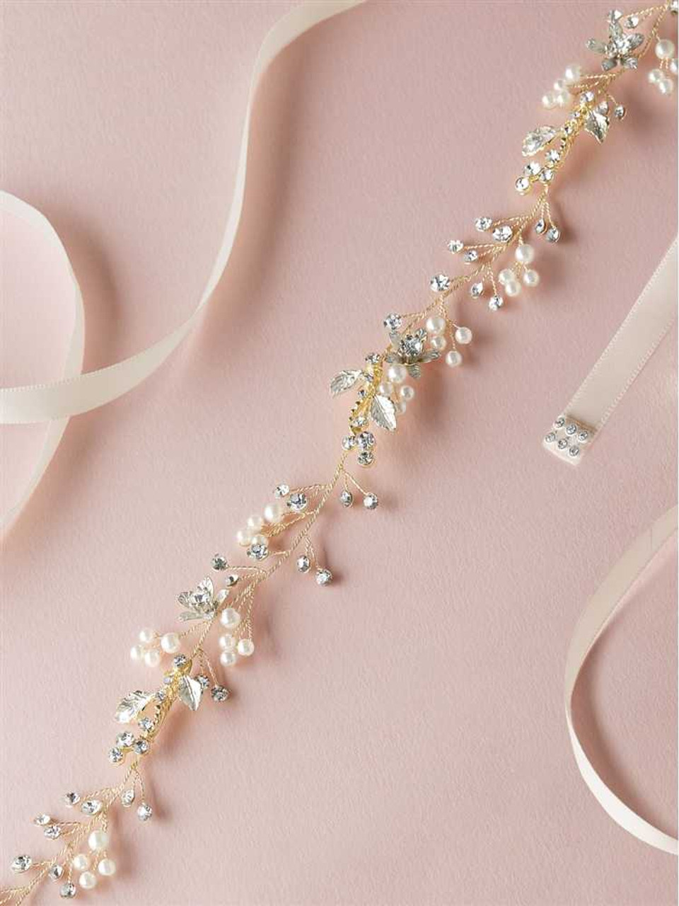 Gold Pearl and Crystal Floral Leaf Ivory Wedding Dress Belt