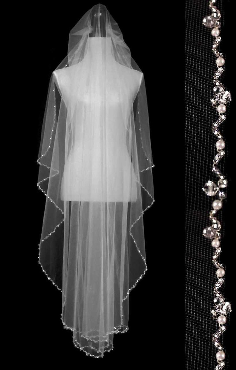 Short Wedding Veils 1 Tier Pencil Edge Bridal Veil Pearls Beaded