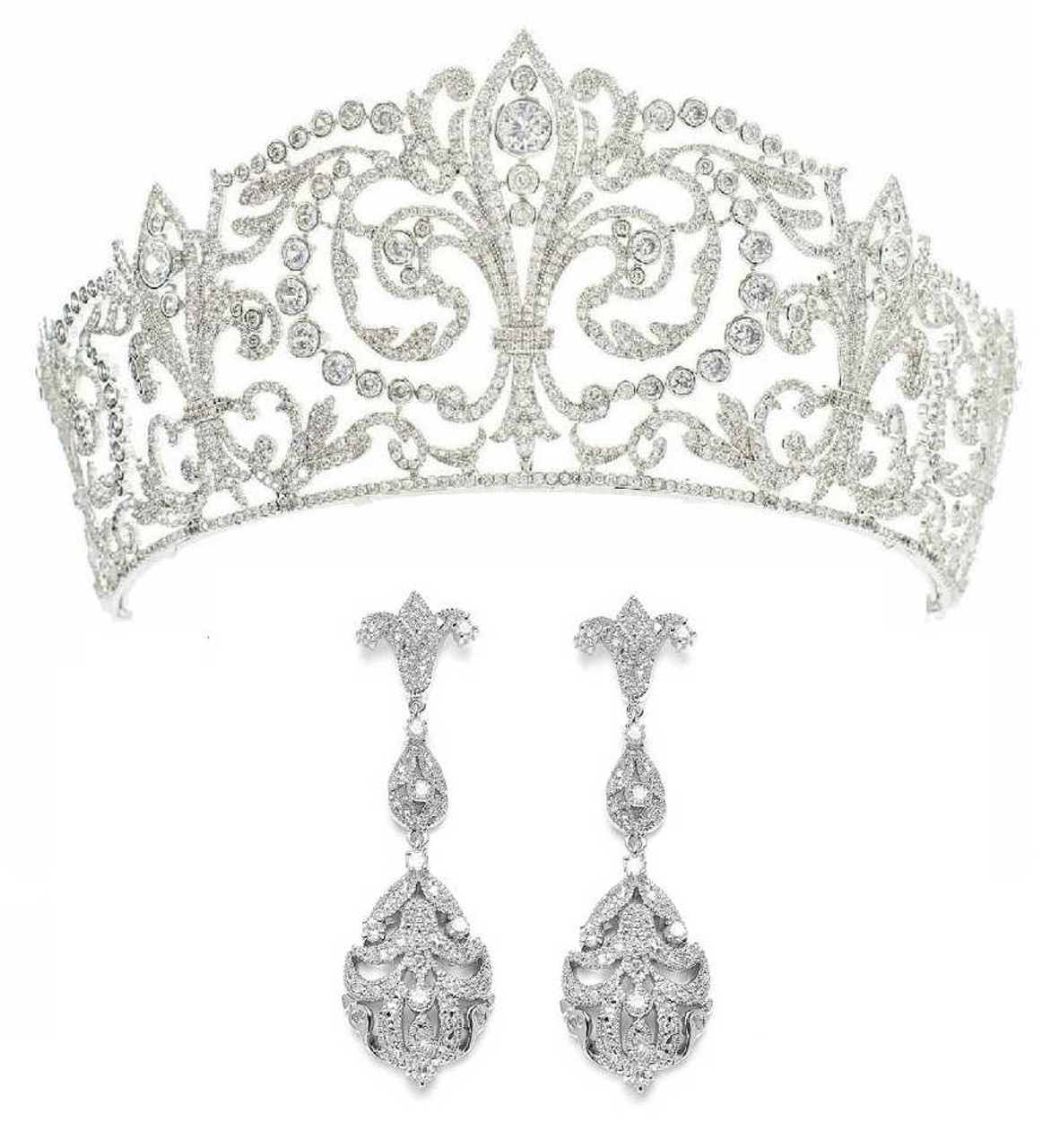 Grand Fleur-de-Lys CZ Royal Wedding Tiara with CZ Earrings