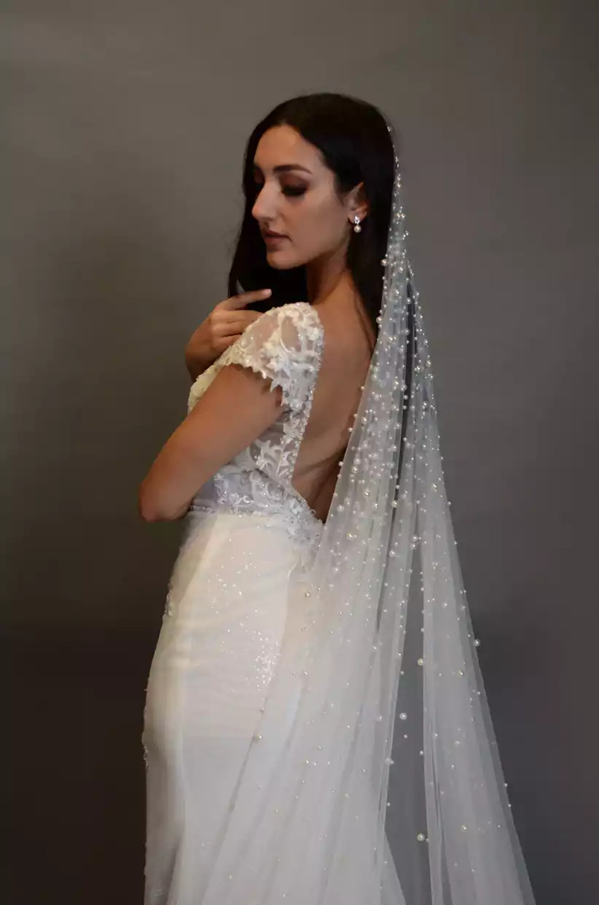 Pearled Wedding Veil 1 Layer Royal Cathedral Bridal Veil- Camille | Eden Luxe Bridal