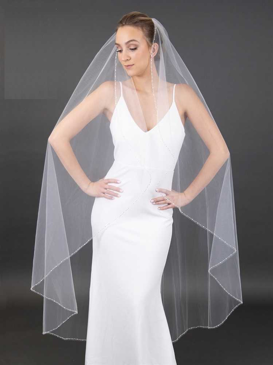 Pearl Bridal Veil, Waltz Lenght One Tier Wedding Veil with Pearls