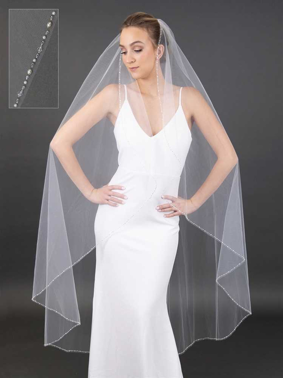 Navy Blue or Champagne Single Tier Wedding Veil with Pearls (9 Length  Options)
