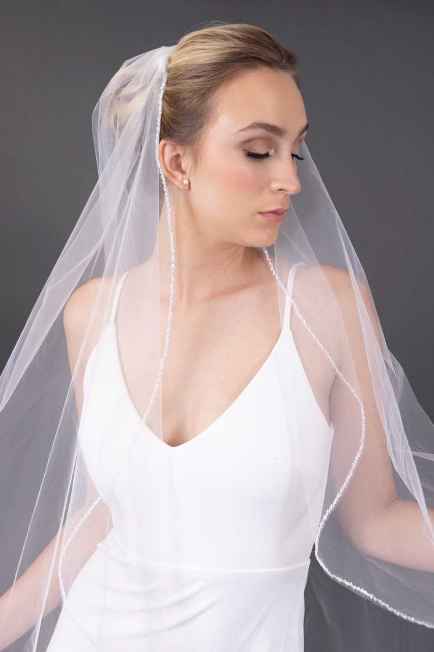 Frosted and Clear Bugle Bead Beaded Knee Length Wedding Veil