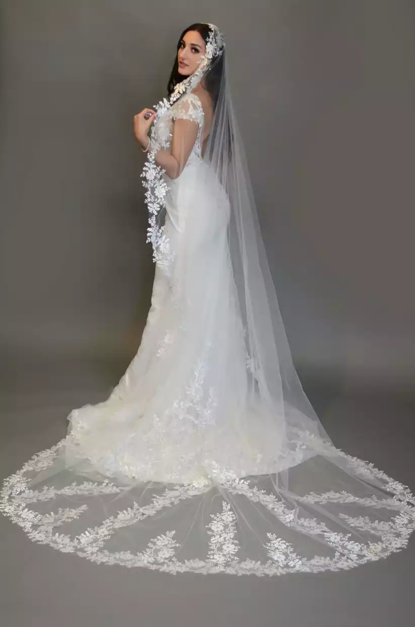 Fingertip Length Mantilla Wedding Veil with Beaded Lace Trim – One