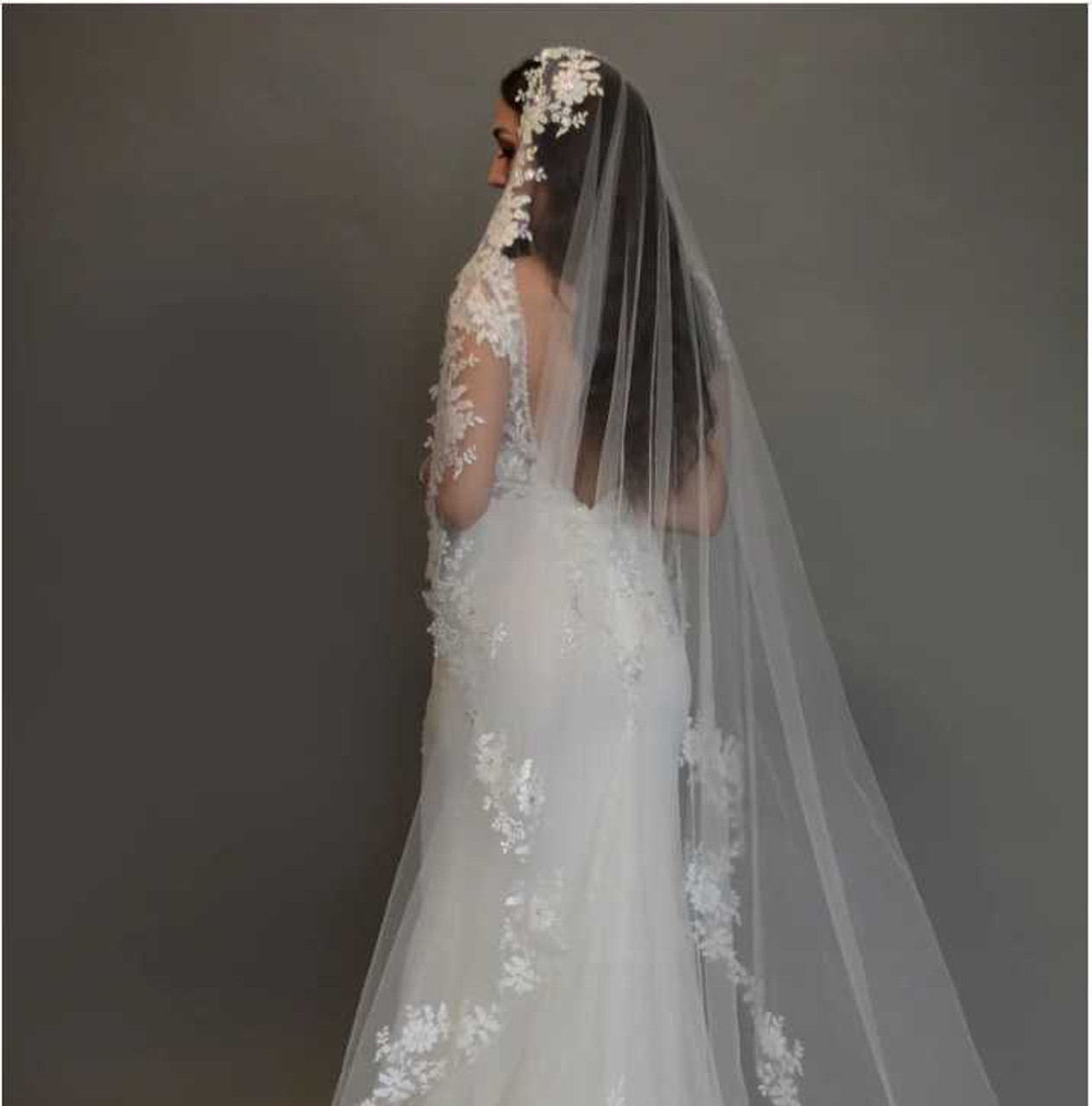 Cathedral Mantilla Veil with Eyelash Lace Trim, Lace Wedding Veil