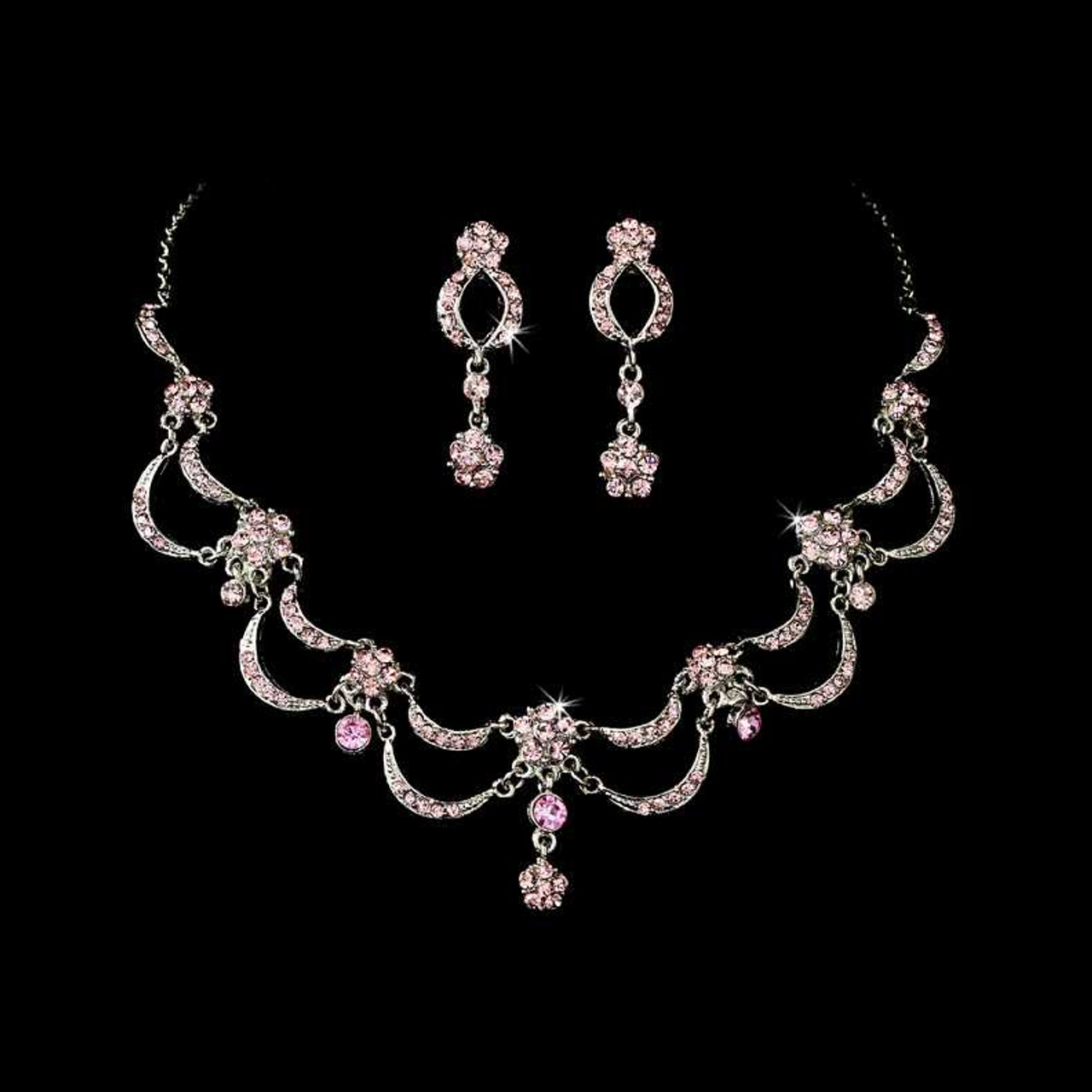 LUX Swarovski Crystal Floral Bridal Necklace Earring Set Pink –  Crystalmood.com